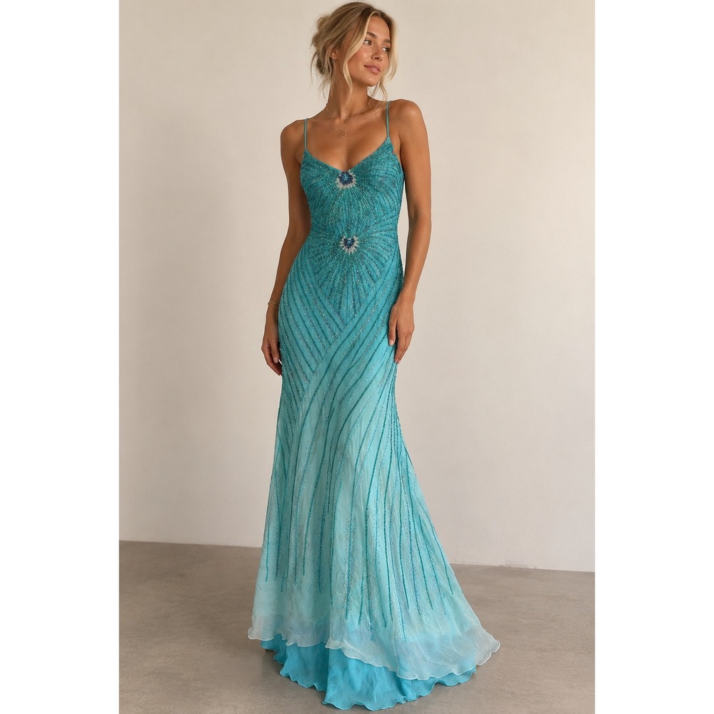 Vintage Mermaid Fairy Y2K Beaded Silk Mermaid Gown Teal Blue Dress Size 8